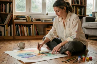 Femme peignant à l'aquarelle sur le sol d'un salon cosy un dimanche pluvieux, entourée de pinceaux et de pots de peinture