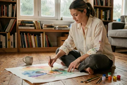 Femme peignant à l'aquarelle sur le sol d'un salon cosy un dimanche pluvieux, entourée de pinceaux et de pots de peinture