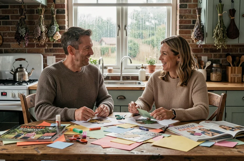 Couple d'adultes réalisant des collages créatifs ensemble à une table de cuisine rustique par temps de pluie