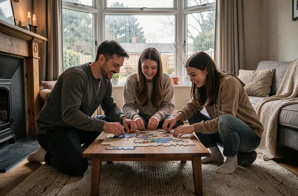 Famille réunie autour d'un puzzle sur une table basse dans un salon chaleureux pendant un dimanche après-midi pluvieux