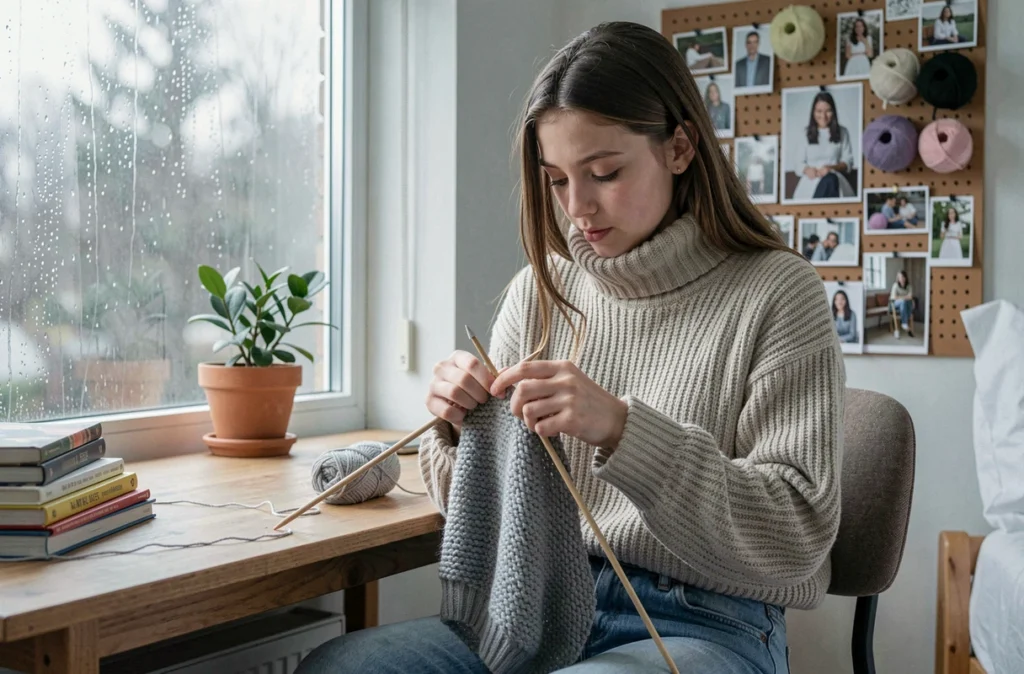 Adolescente tricotant avec de la laine grise près d'une fenêtre embuée dans sa chambre un jour de pluie