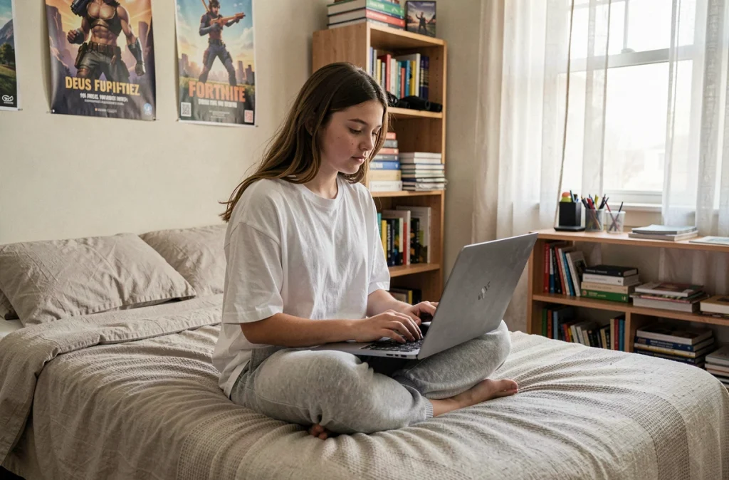 Adolescente jouant à Fortnite mode zéro construction sur un laptop dans sa chambre