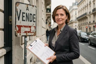 Agent immobilière devant un immeuble haussmannien avec panneau À Vendre vieillissant dans une grande métropole française