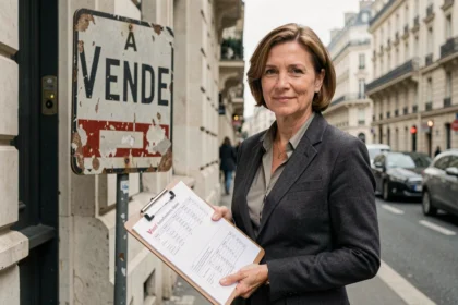 Agent immobilière devant un immeuble haussmannien avec panneau À Vendre vieillissant dans une grande métropole française