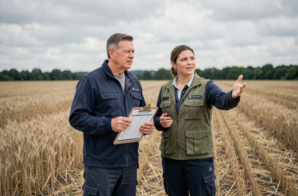 Deux agriculteurs analysant les performances de leur exploitation dans un champ après récolte, discutant de stratégie de gestion agricole