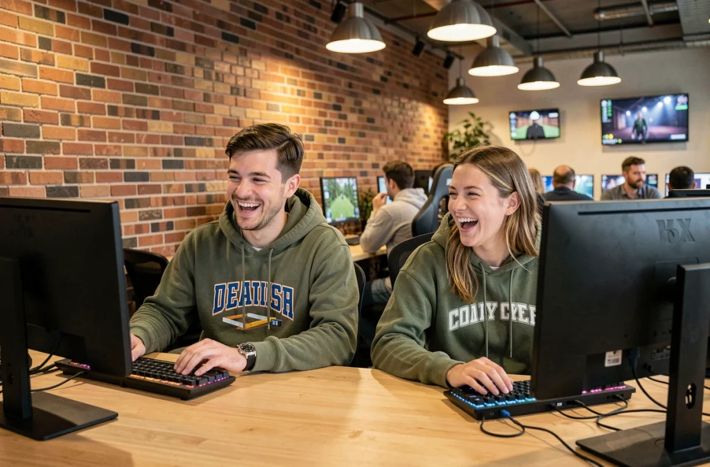 Deux amis jouant ensemble à Fortnite mode créatif dans un café gaming moderne