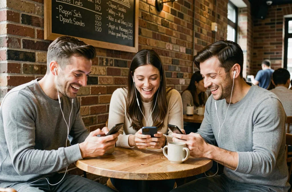 Groupe d'amis partageant de la musique en streaming dans un café avec leurs smartphones