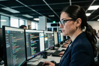 Analyste en cybersécurité féminine travaillant sur des écrans de supervision réseau dans un centre opérationnel informatique moderne