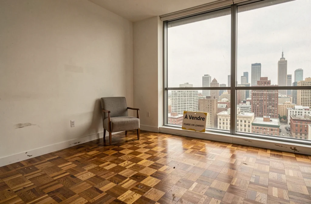 Appartement vide avec panneau À Vendre contre une fenêtre donnant sur un skyline urbain dense