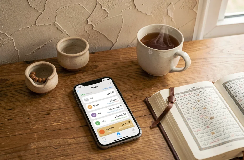 Application de calcul des horaires de prière affichée sur smartphone posé à côté d'un Coran ouvert et d'un chapelet islamique