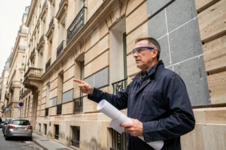 Architecte devant un immeuble haussmannien en cours de rénovation énergétique avec isolation extérieure en ville