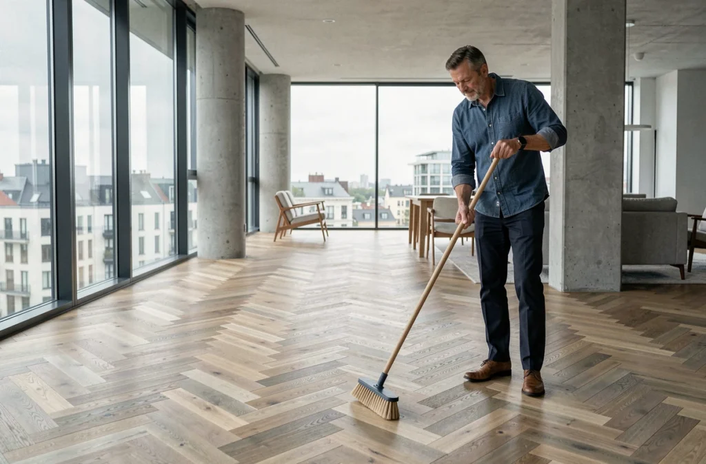 Homme balayant un parquet en point de Hongrie avec une brosse naturelle dans un appartement contemporain