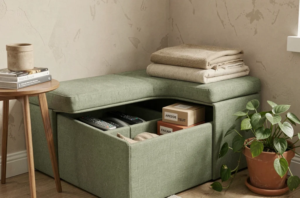 Banc de rangement en tissu vert sauge dans un coin de salon avec coussins et petites boîtes étiquetées