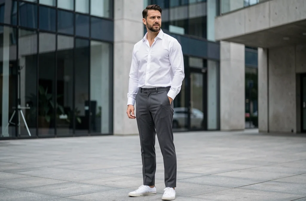 Homme en pantalon gris anthracite et baskets blanches minimalistes dans une place urbaine moderne