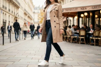 Jeune femme portant des baskets blanches avec un jean indigo et un trench beige sur un trottoir parisien
