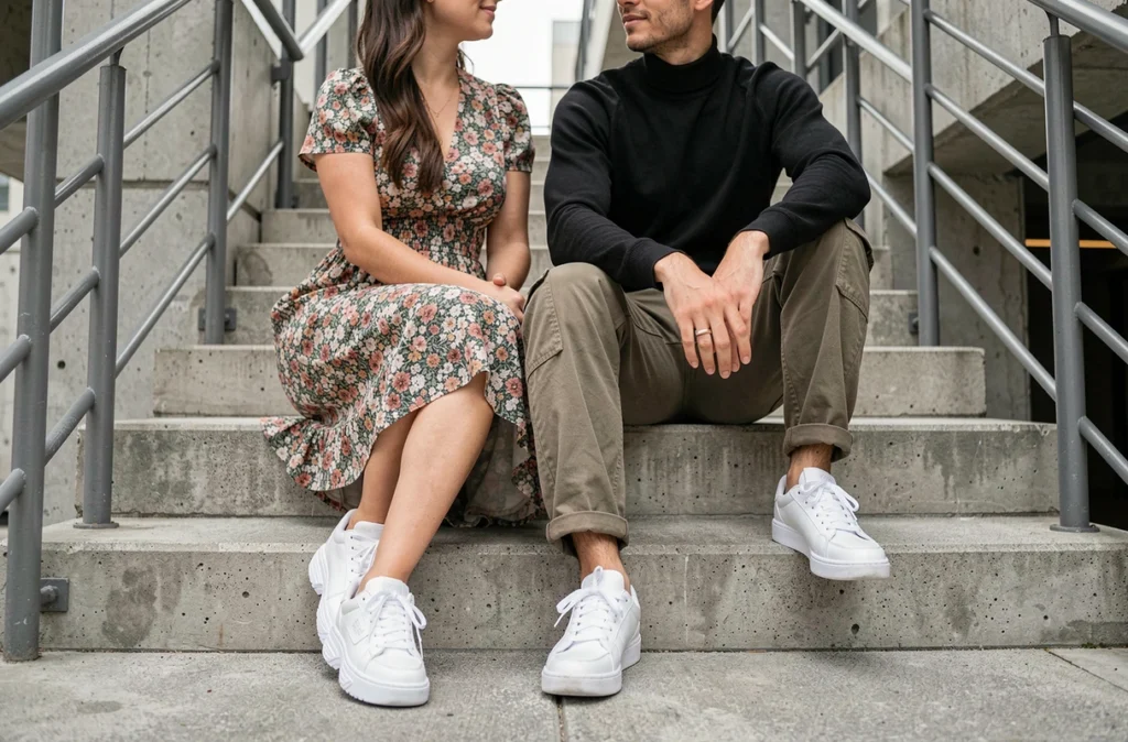 Deux amies aux styles différents portant des baskets blanches sur des marches en béton urbain