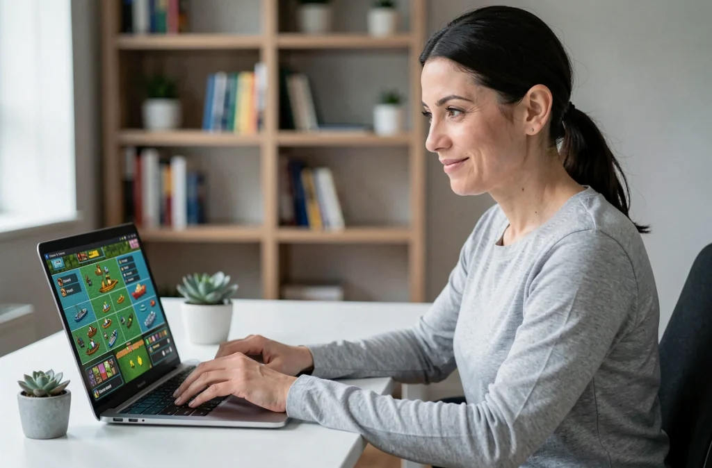Une femme joue à la bataille navale en ligne sur un ordinateur portable dans un bureau moderne à domicile