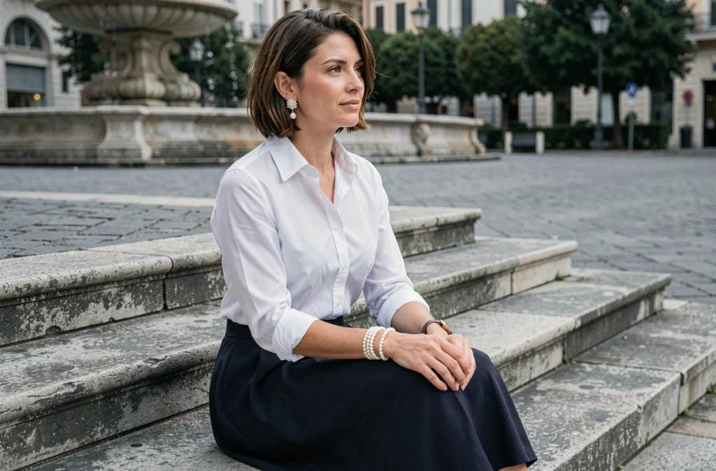 Femme assise sur des marches en pierre portant des bracelets et boucles d'oreilles en perles baroques, look chic et décontracté