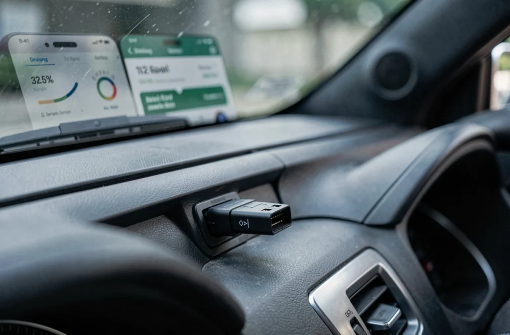 Boîtier télématique OBD branché sous le tableau de bord d'une voiture pour l'assurance auto connectée