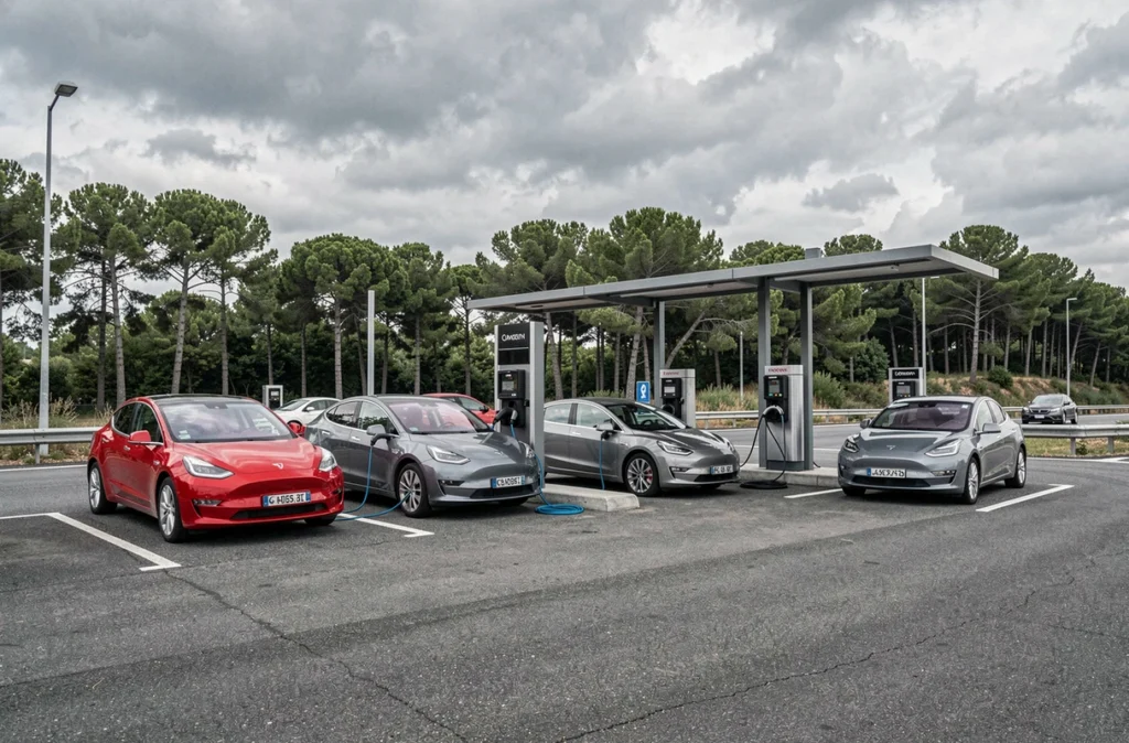 Rangée de voitures électriques branchées à des bornes de recharge dans une aire d'autoroute en France