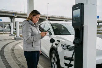 Femme à une borne de recharge rapide sur autoroute branchant son SUV électrique blanc lors d'un long trajet