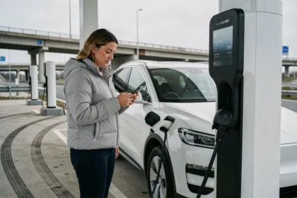 Femme à une borne de recharge rapide sur autoroute branchant son SUV électrique blanc lors d'un long trajet