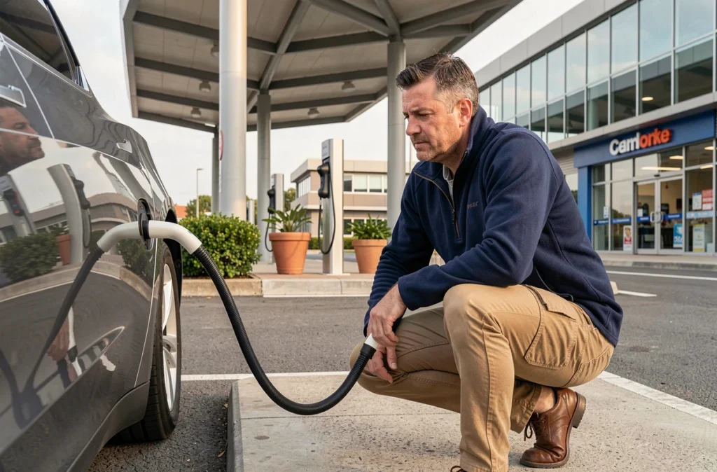 Homme branchant un câble de recharge CCS sur une berline électrique grise dans une aire de service équipée de bornes rapides