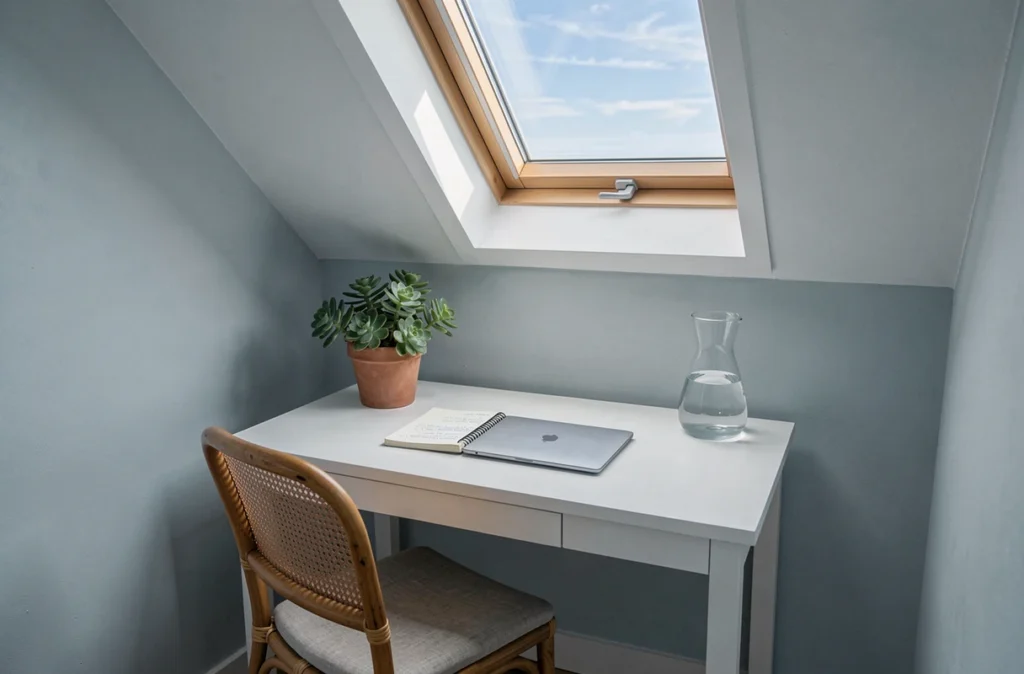 Bureau à domicile sous un velux avec lumière naturelle zénithale dans un coin chambre aménagé