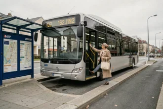 Passagère montant dans le bus 192 à un arrêt de la banlieue parisienne avec abribus RATP visible