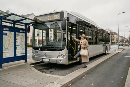 Passagère montant dans le bus 192 à un arrêt de la banlieue parisienne avec abribus RATP visible