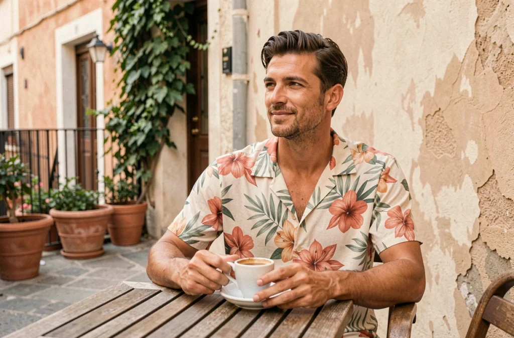 Homme en chemise fleurie tropicale assis à la terrasse d'un café méditerranéen en été