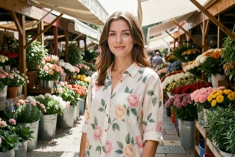 Femme portant une chemise estivale à imprimé fleuri dans un marché aux fleurs en plein air
