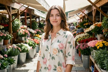 Femme portant une chemise estivale à imprimé fleuri dans un marché aux fleurs en plein air