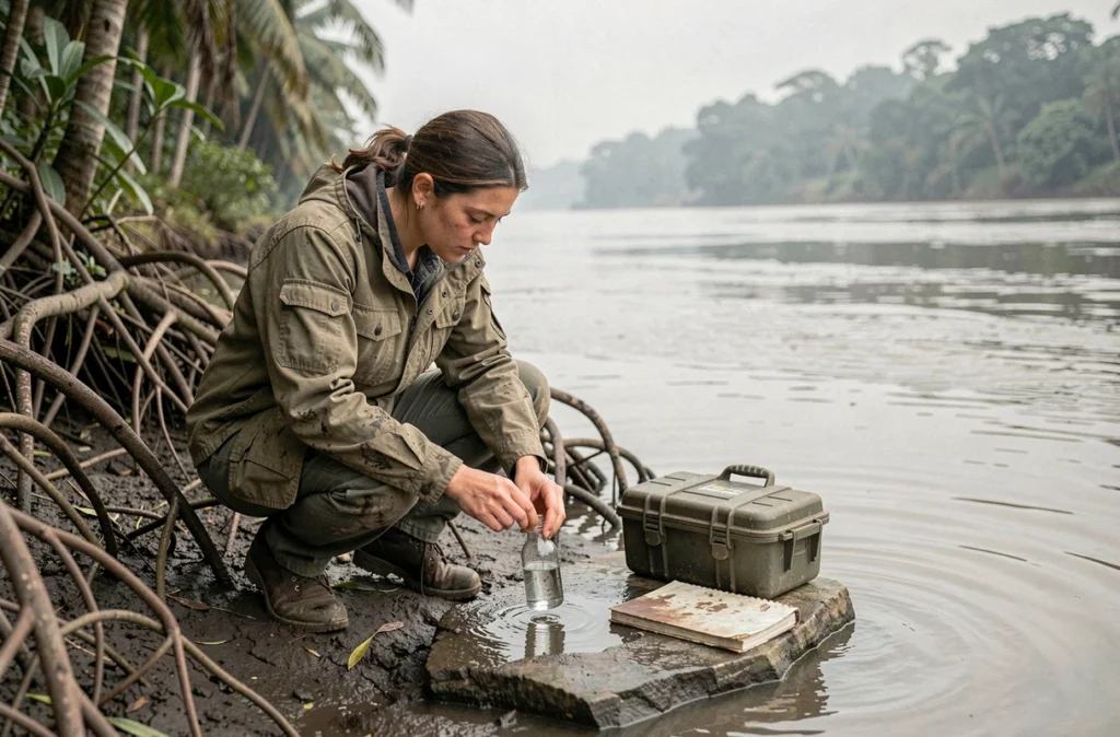 Chercheuse prélevant des échantillons d'eau au bord d'un fleuve tropical immense dans un contexte d'exploration scientifique