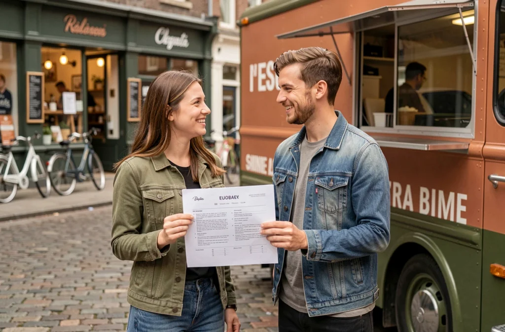 Deux jeunes co-fondateurs devant leur food truck financé par microcrédit dans un quartier urbain