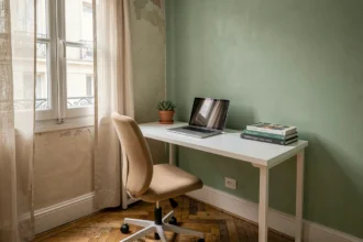 Coin bureau compact et organisé dans un petit appartement parisien avec bureau blanc, chaise ergonomique beige et plante verte
