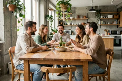 Jeunes colocataires partageant un repas dans un espace coliving moderne à Paris