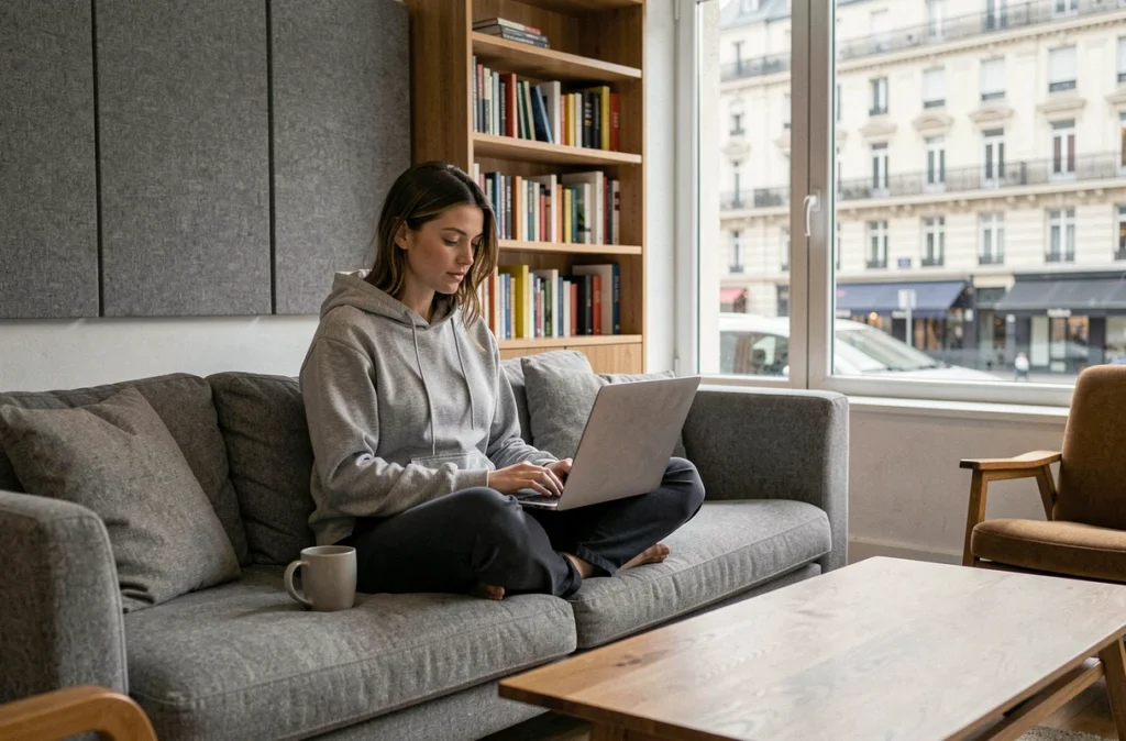 Jeune femme télétravaillant dans un espace commun de coliving urbain en France