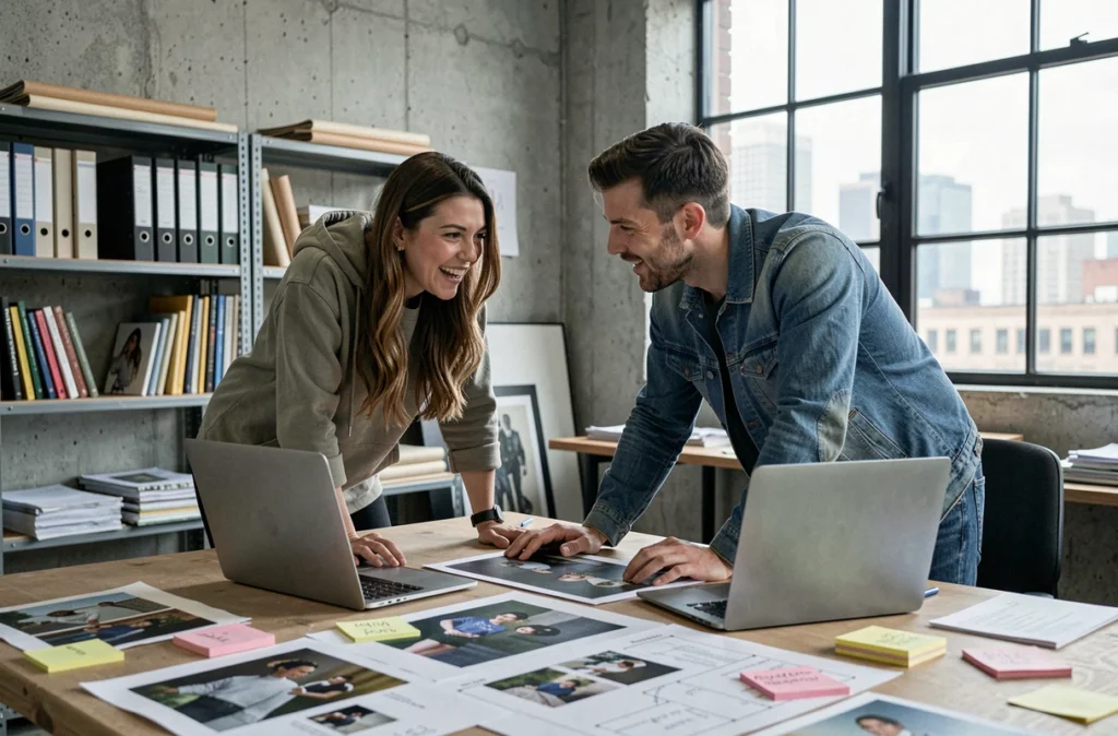 Deux créateurs collaborent autour d'une table de studio couverte de maquettes et de photos imprimées, symbolisant la rencontre entre les auteurs et la production éditoriale d'un magazine indépendant en ligne.