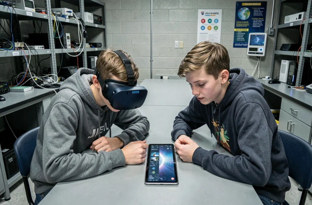 Deux lycéens collaborant avec un casque de réalité virtuelle et une tablette dans un laboratoire numérique scolaire