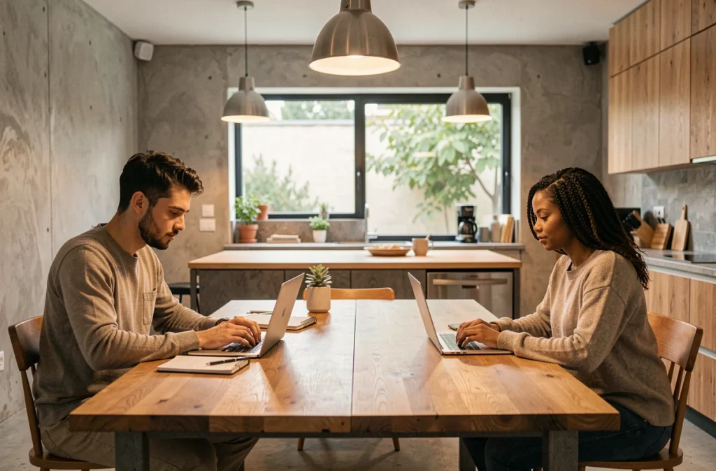 Deux collègues en télétravail assis à une grande table dans un espace de co-living contemporain, chacun travaillant sur son ordinateur portable