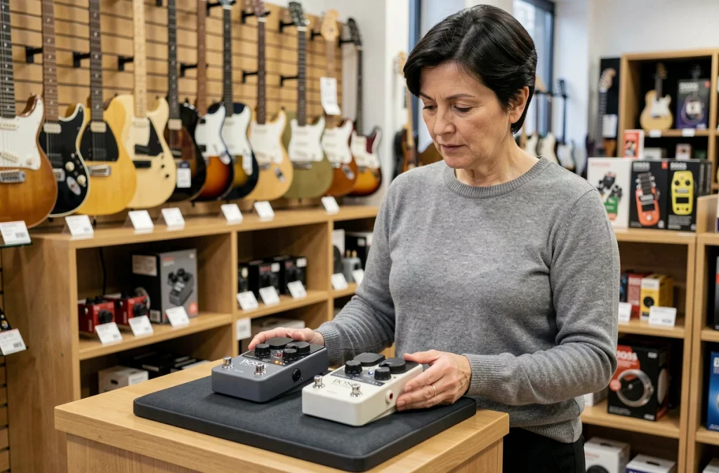 Femme comparant une BOSS RC-30 et une RC-300 Loop Station dans un magasin de musique