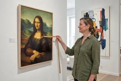 Femme mesurant une réplique de la Joconde accrochée au mur à côté d'un tableau moderne plus grand pour illustrer la comparaison de taille