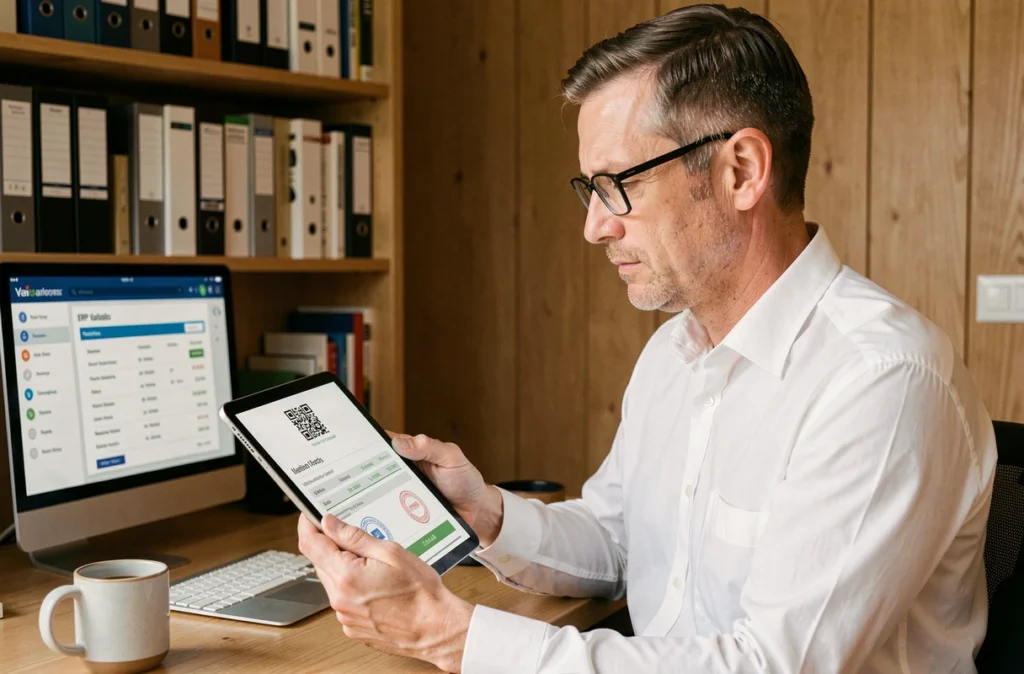 Comptable en télétravail validant une facture électronique sur tablette depuis son bureau à domicile