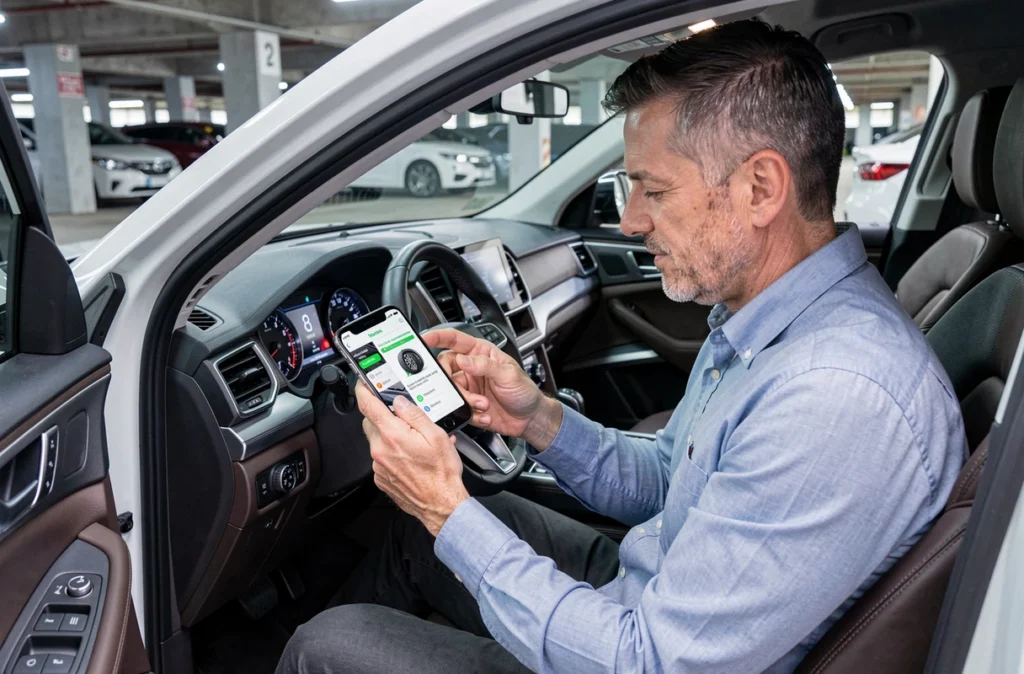 Homme assis dans son SUV consultant une application smartphone de rappels d'entretien automobile dans un parking urbain