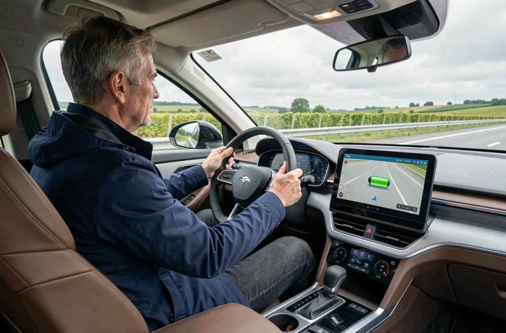 Conducteur au volant d'un SUV électrique sur une autoroute française avec paysage de campagne en arrière-plan