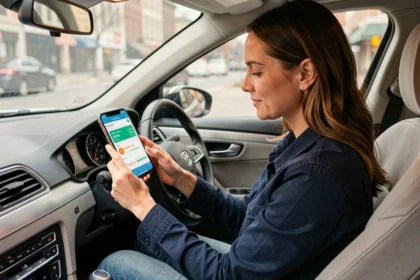 Conductrice consultant son application d'assurance auto connectée sur smartphone monté dans une voiture moderne