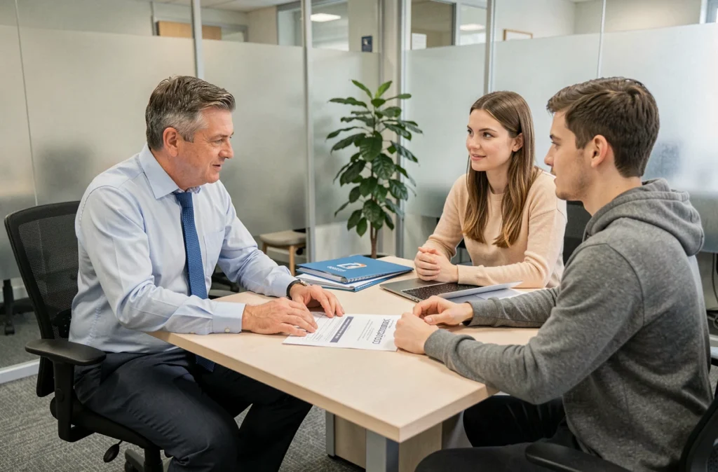Conseiller bancaire présentant une offre de rachat de crédit à un jeune couple dans une agence