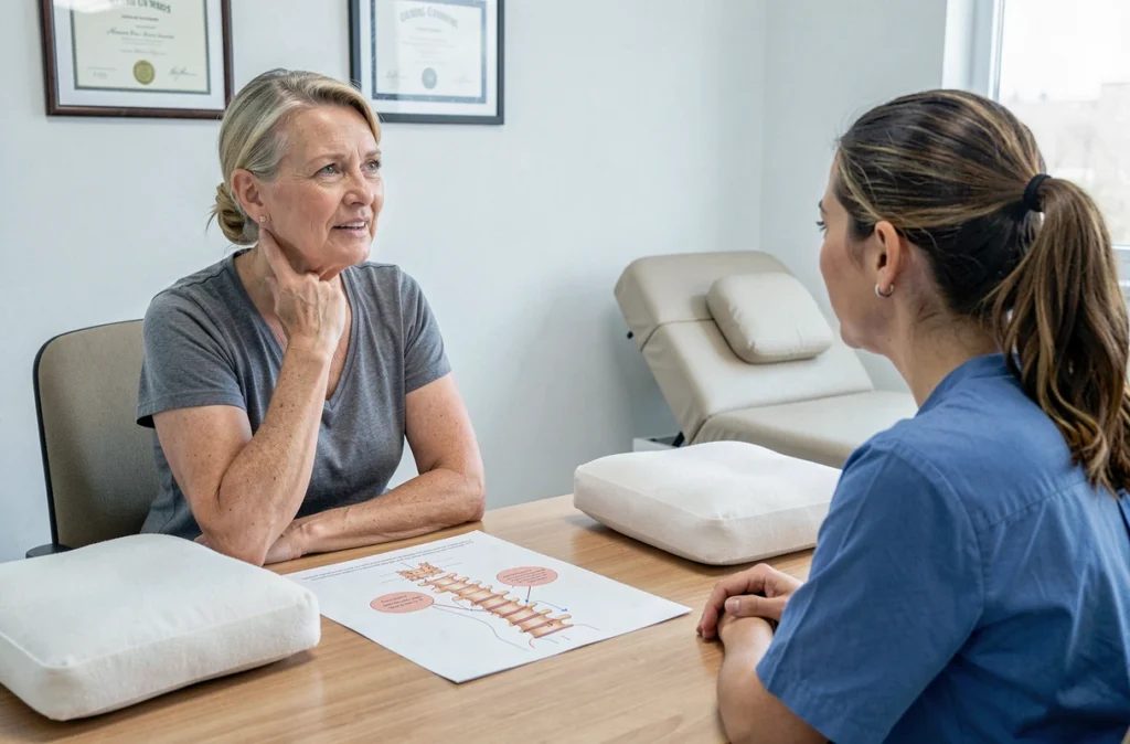 Femme consultant un professionnel de santé pour choisir un oreiller adapté et soulager les douleurs cervicales