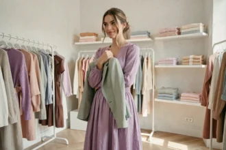 Jeune femme portant une robe en lin lavande dans une boutique de mode printemps-été entourée de vêtements aux couleurs pastel
